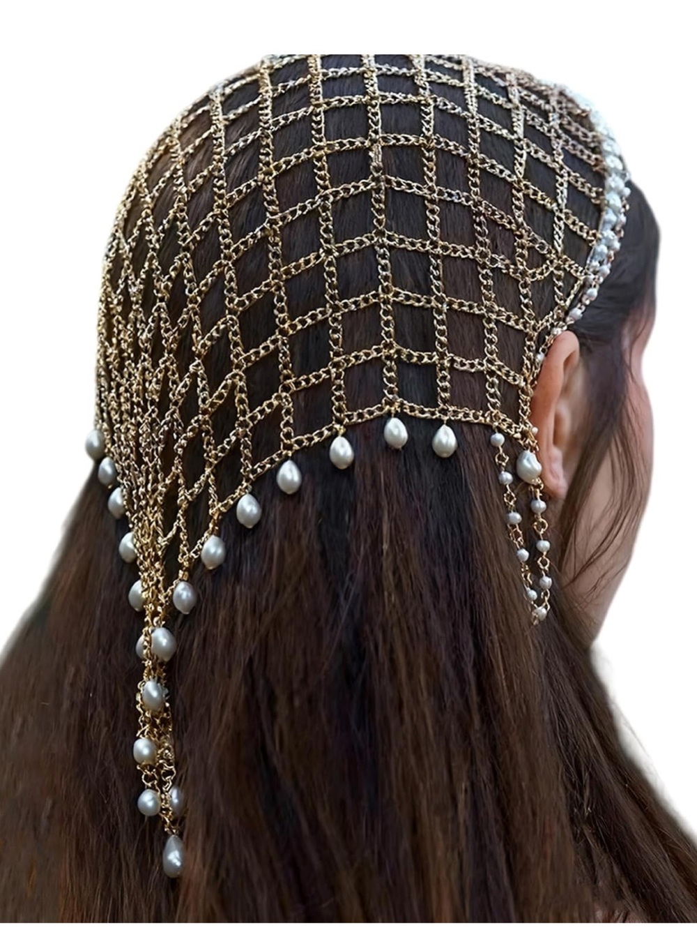 Gold Chain Pearl Hair Scarf | Boho Head Chain | Beach Festival Hair Accessory - Picture 1 of 3
